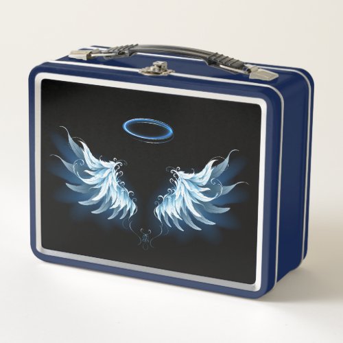 Blue Glowing Angel Wings on black background Metal Lunch Box