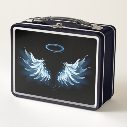 Blue Glowing Angel Wings on black background Metal Lunch Box