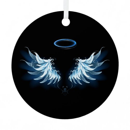 Blue Glowing Angel Wings on black background Metal Ornament