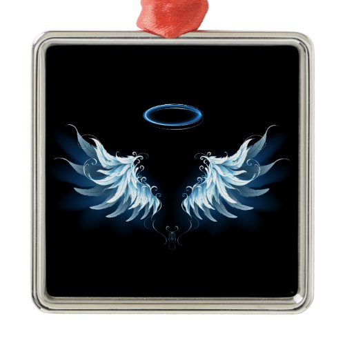 Blue Glowing Angel Wings on black background Metal Ornament