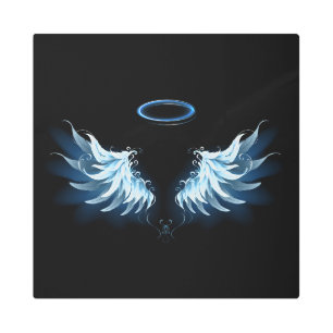 Blue Glowing Angel Wings on black background Metal Print