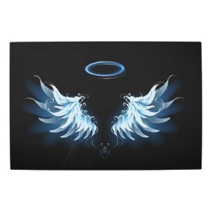 Blue Glowing Angel Wings on black background Metal Print