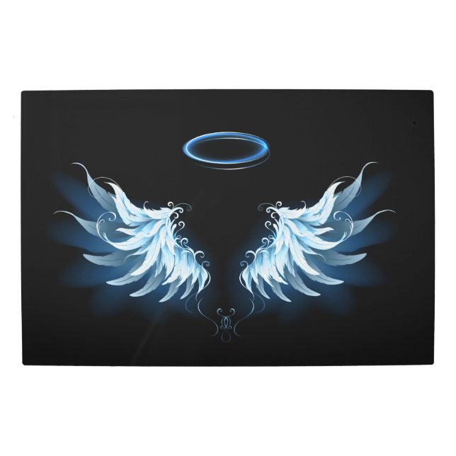 Blue Glowing Angel Wings on black background Metal Print (Front)