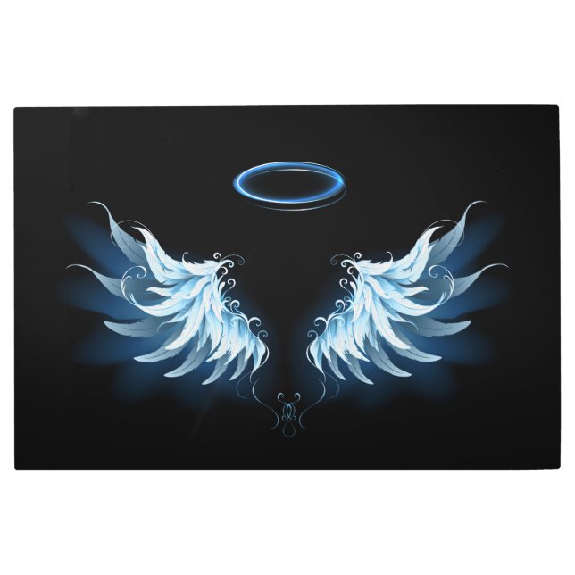 Blue Glowing Angel Wings on black background Metal Print (Front)