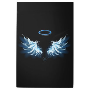 Blue Glowing Angel Wings on black background Metal Print