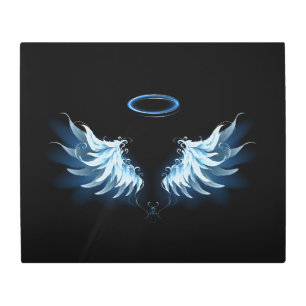 Blue Glowing Angel Wings on black background Metal Print
