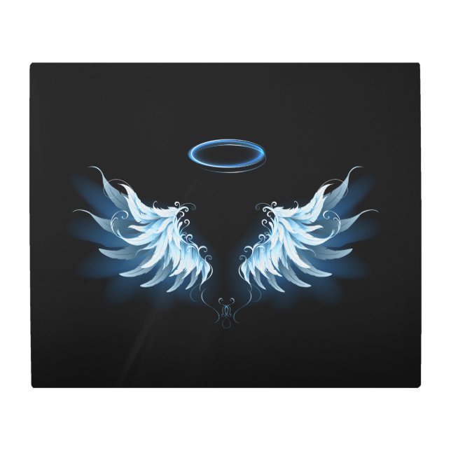 Blue Glowing Angel Wings on black background Metal Print (Front)