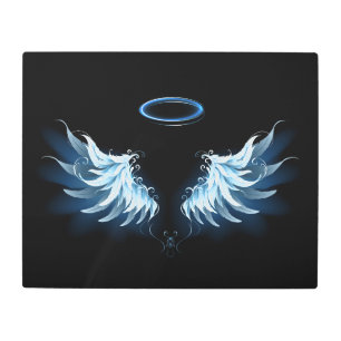 Blue Glowing Angel Wings on black background Metal Print