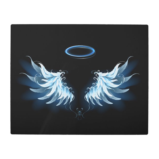 Blue Glowing Angel Wings on black background Metal Print (Front)
