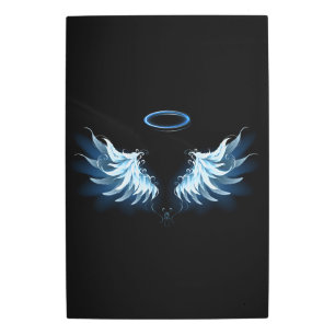 Blue Glowing Angel Wings on black background Metal Print