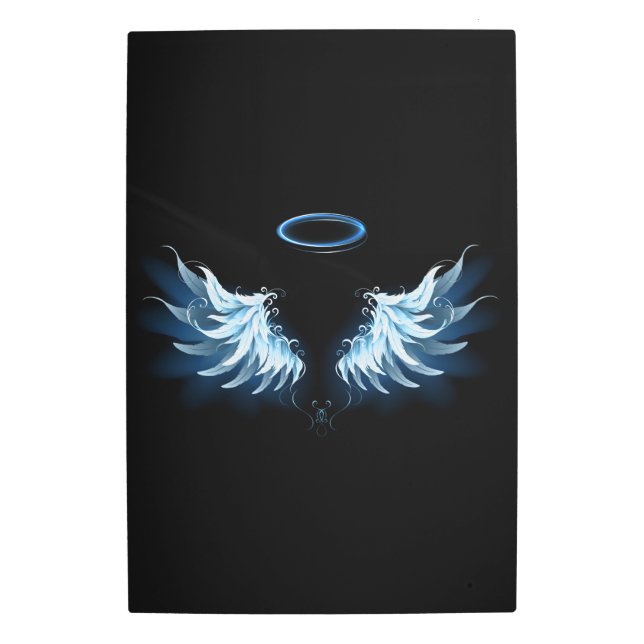 Blue Glowing Angel Wings on black background Metal Print (Front)