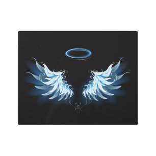 Blue Glowing Angel Wings on black background Metal Print