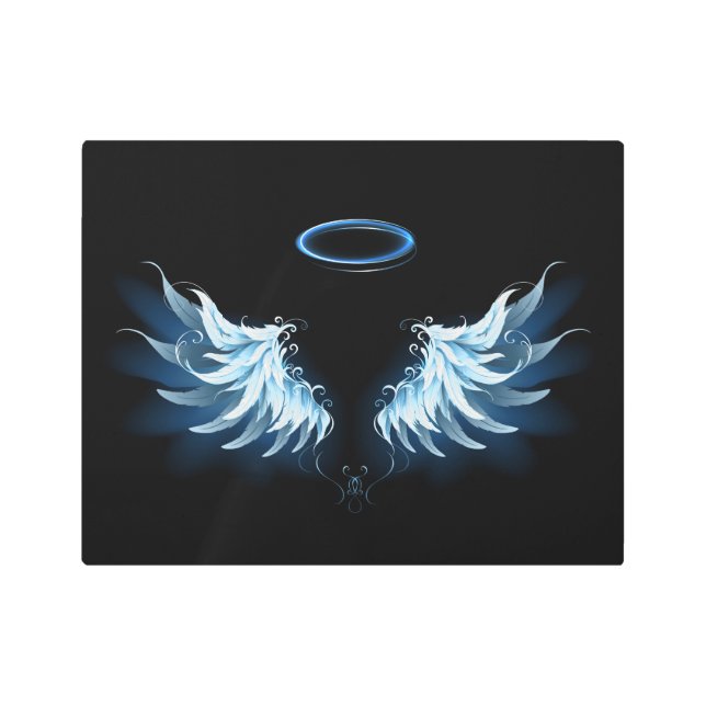 Blue Glowing Angel Wings on black background Metal Print (Front)