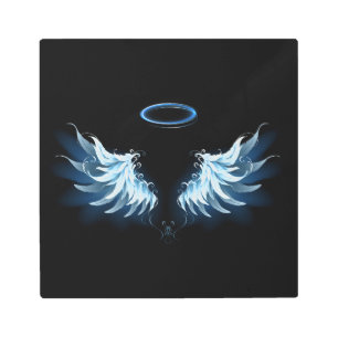 Blue Glowing Angel Wings on black background Metal Print