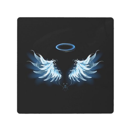 Blue Glowing Angel Wings on black background Metal Print