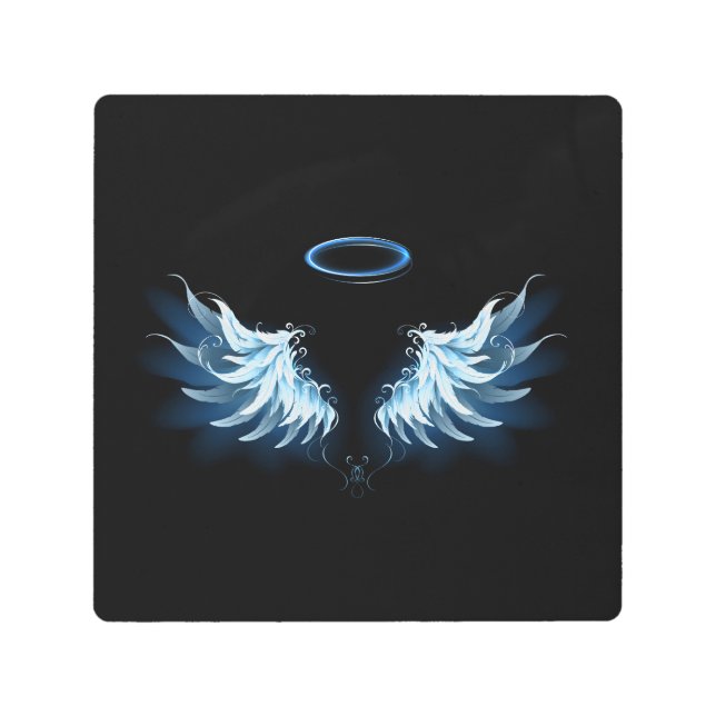 Blue Glowing Angel Wings on black background Metal Print (Front)