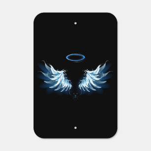 Blue Glowing Angel Wings on black background Metal Sign