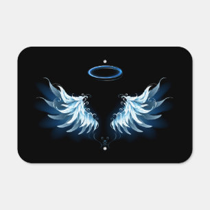 Blue Glowing Angel Wings on black background Metal Sign