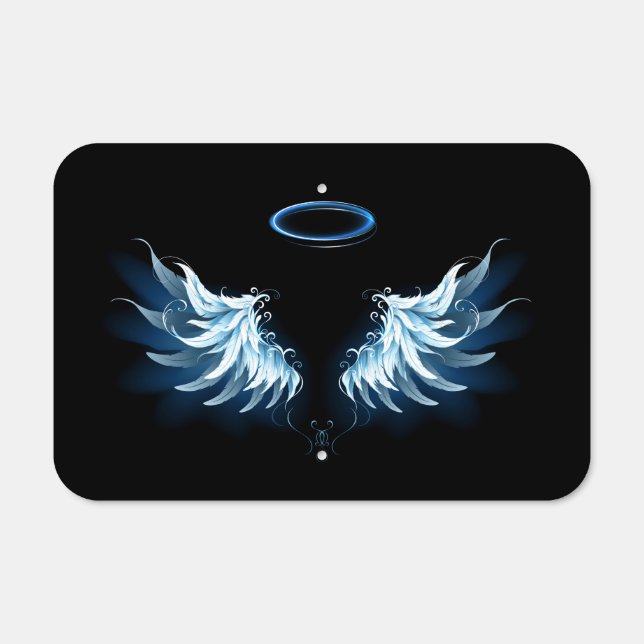 Blue Glowing Angel Wings on black background Metal Sign (Front)
