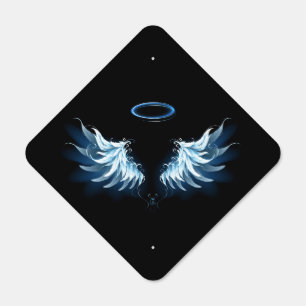 Blue Glowing Angel Wings on black background Metal Sign