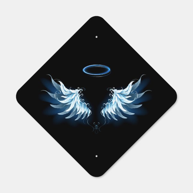 Blue Glowing Angel Wings on black background Metal Sign (Front)