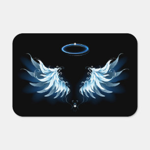Blue Glowing Angel Wings on black background Metal Sign