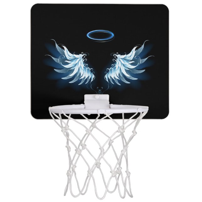 Blue Glowing Angel Wings on black background Mini Basketball Hoop (Front)