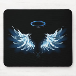 Blue Glowing Angel Wings on black background Mouse Pad