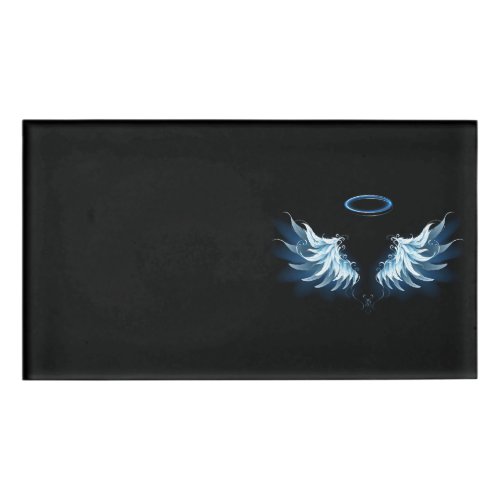Blue Glowing Angel Wings on black background Name Tag