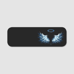 Blue Glowing Angel Wings on black background Name Tag