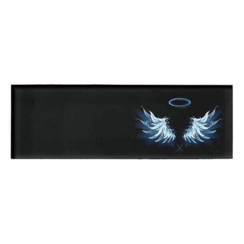 Blue Glowing Angel Wings on black background Name Tag