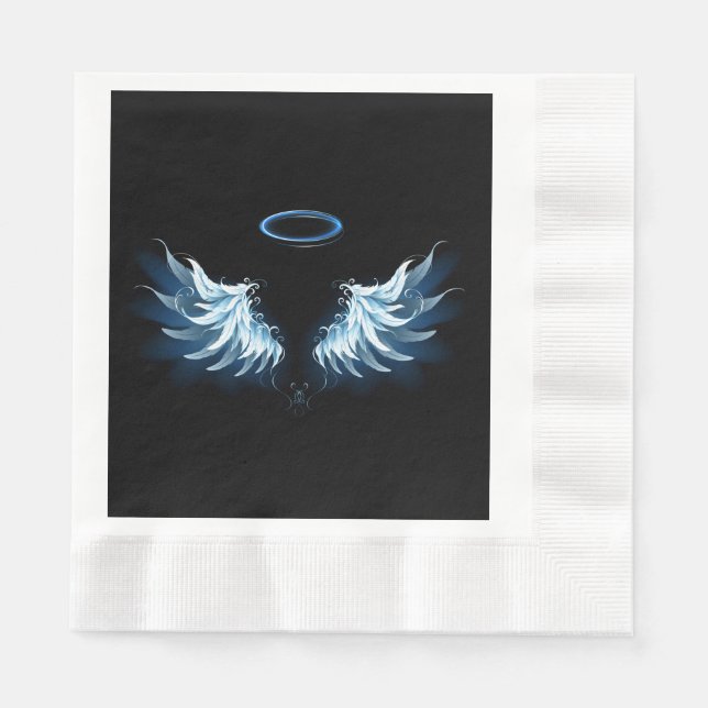Blue Glowing Angel Wings on black background Napkins (Front)