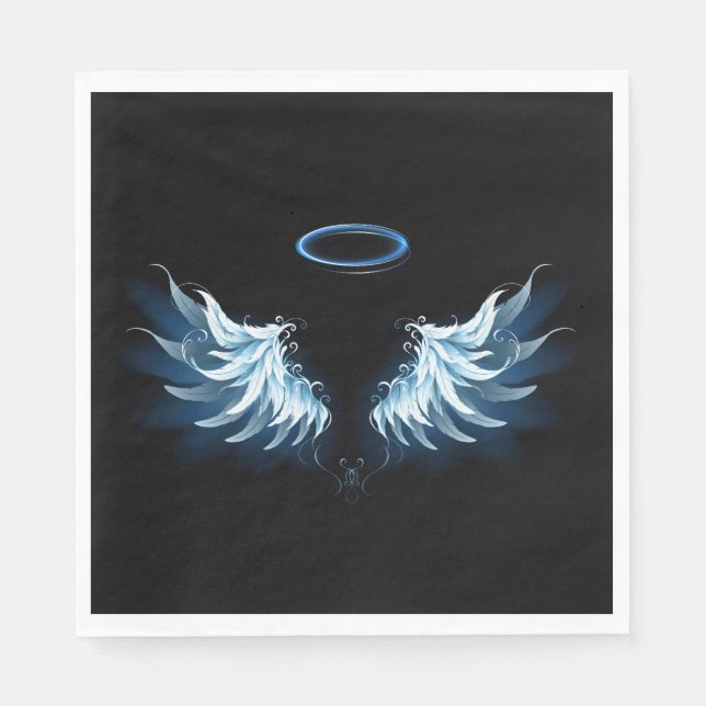 Blue Glowing Angel Wings on black background Napkins (Front)