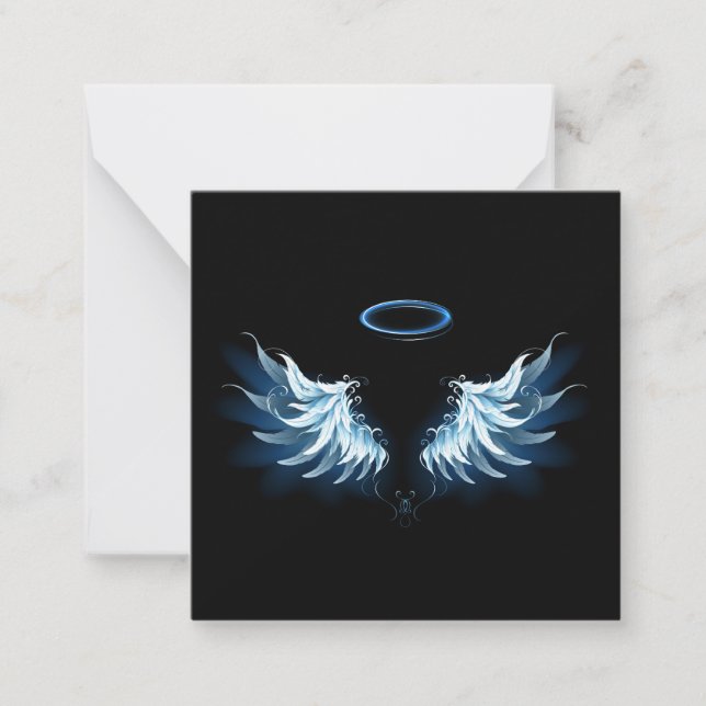Blue Glowing Angel Wings on black background Note Card (Front)