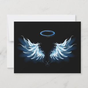 Blue Glowing Angel Wings on black background Note Card