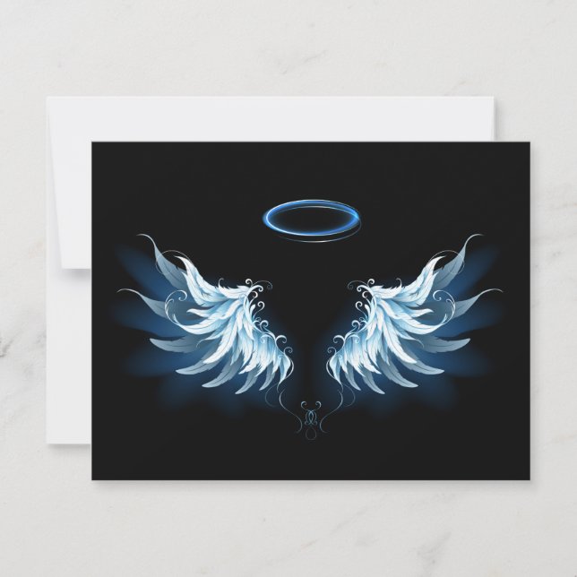 Blue Glowing Angel Wings on black background Note Card (Front)