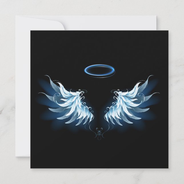 Blue Glowing Angel Wings on black background Note Card (Front)