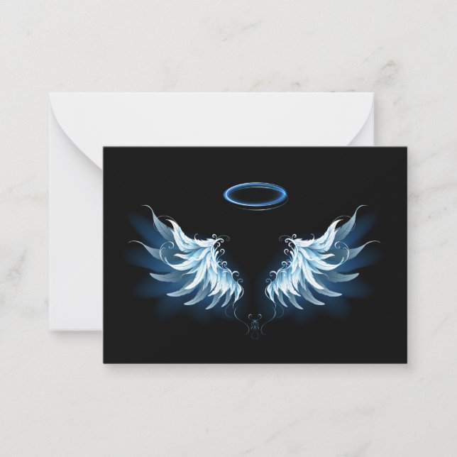 Blue Glowing Angel Wings on black background Note Card (Front)