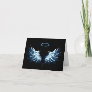 Blue Glowing Angel Wings on black background Note Card
