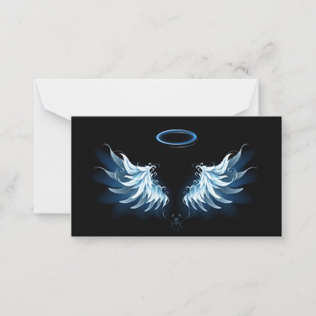 Blue Glowing Angel Wings on black background Note Card (Front)