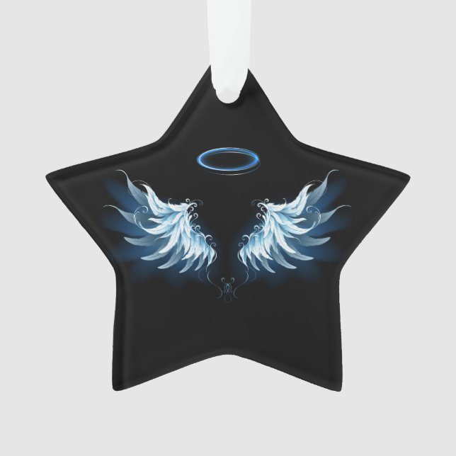 Blue Glowing Angel Wings on black background Ornament (Front)