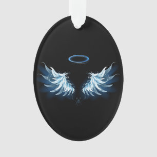 Blue Glowing Angel Wings on black background Ornament