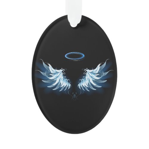 Blue Glowing Angel Wings on black background Ornament