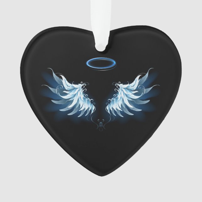 Blue Glowing Angel Wings on black background Ornament (Front)