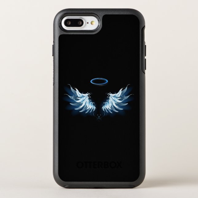Blue Glowing Angel Wings on black background Otterbox iPhone Case (Back)