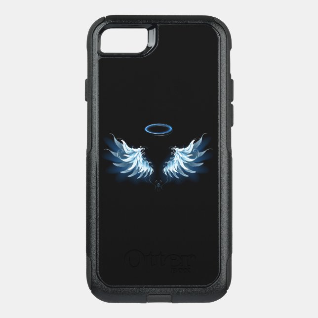 Blue Glowing Angel Wings on black background Otterbox iPhone Case (Back)