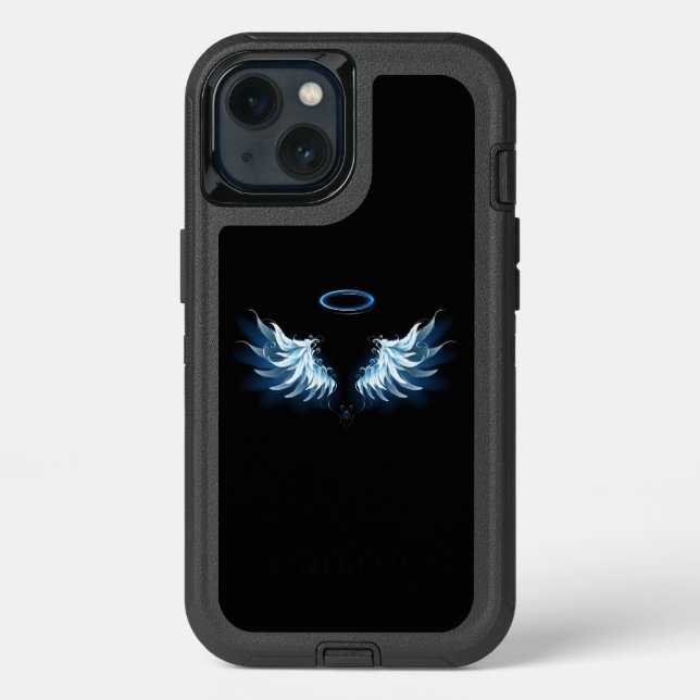 Blue Glowing Angel Wings on black background Otterbox iPhone Case (Back)