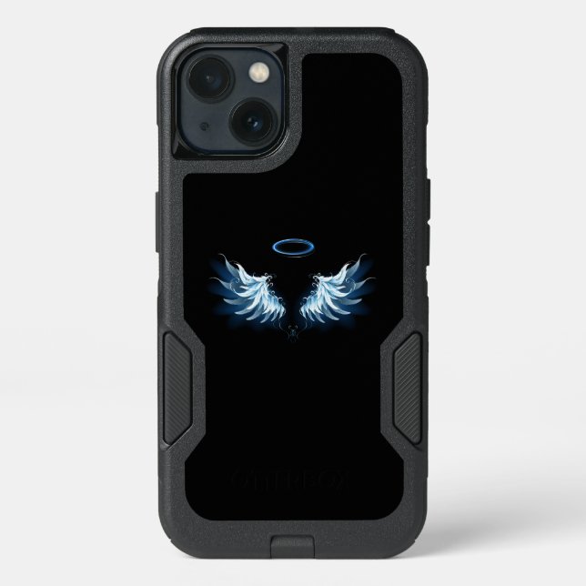 Blue Glowing Angel Wings on black background Otterbox iPhone Case (Back)