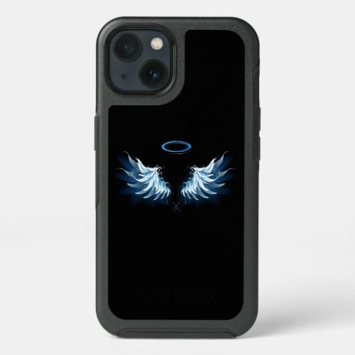 Blue Glowing Angel Wings on black background iPhone 13 Case