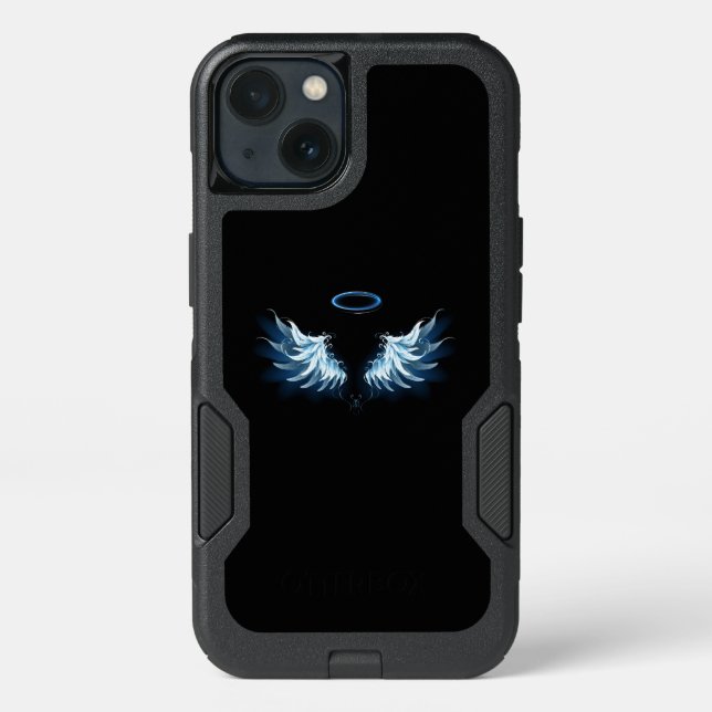 Blue Glowing Angel Wings on black background Otterbox iPhone Case (Back)
